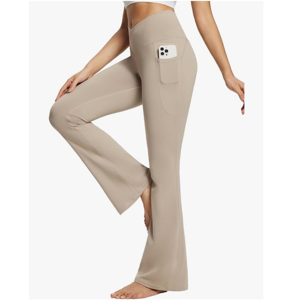 NWT Baleaf Beige Flare Leggings with Pocket and Crossover Waistband Size Small